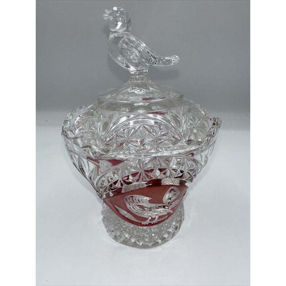 Hofbauer Byrdes collection cranberry glass lidded jam jelly jar Vintage 29-10